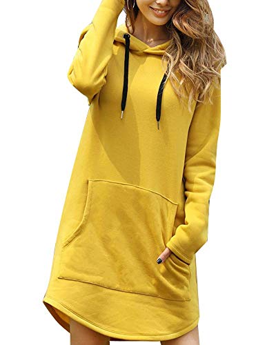 ticticlily Hoodie Damen Kleider Casual Kapuzenpullover Langarm Sweatshirts mit Kapuze Pulloverkleid Mini Tuniken Kleid mit Taschen Winter Herbst Freizeitkleid Pullikleid C Gelb S von ticticlily