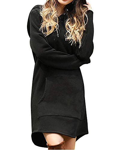 ticticlily Hoodie Damen Kleider Casual Kapuzenpullover Langarm Sweatshirts mit Kapuze Pulloverkleid Mini Tuniken Kleid mit Taschen Winter Herbst Freizeitkleid Pullikleid C Schwarz L von ticticlily