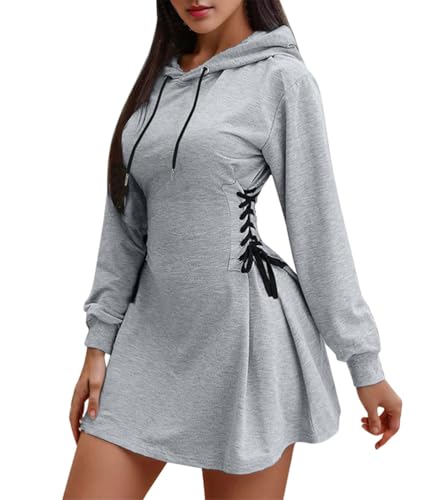 ticticlily Hoodie Kleid Damen Langarm Minikleid Pulloverkleid Sweatkleid mit Kapuze Pullikleid Casual Lose Einfarbig Kapuzenpullover Herbst Winter Frühling A Grau L von ticticlily