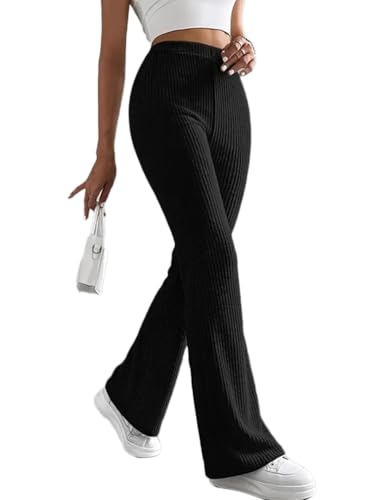 ticticlily Hose Damen Gerippte Bootcut High Waist Gummibund Stretch Rippstrick Strickhose Freizeithose mit Schlag Yoga Sport Jegging Jogging Lange Hosen Flared Ribbed Pants A Schwarz M von ticticlily