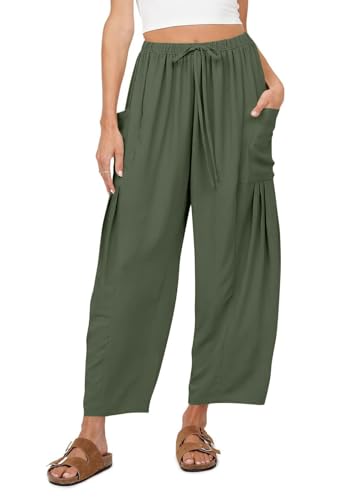 ticticlily Hose Damen Leicht Luftig 3/4 Lange Bequeme Lose Stoffhose Sommerhosen Strandhose Casual Lose Weites Bein Hosen Haremshosen Freizeithose A Grün XL von ticticlily