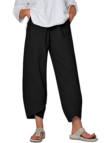 ticticlily Hose Damen Sommer 3/4 Lange Leicht und Luftig Leinenhosen Caprihose Stoffhose High Waist Gerades Bein Strand Casual Hosen Haremshosen Caprihose mit Taschen A Schwarz 3XL von ticticlily