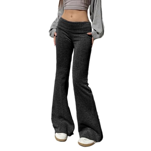 ticticlily Hose Damen Winter Dünn Gefütterte Schlaghose Leggings Thermo Warme Stretch Niedriger Taille Slim Fit Yogahose Sport Jogginghose Freizeithose Einfarbig Stoffhose A Schwarz XS von ticticlily