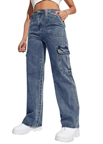 ticticlily Hosen Damen Baggy Jeans Y2K Hohe Taille Gewaschene Denim Cargo Hose mit Taschen Straight Wide Leg Koreanische Harajuku Mädchen Freizeithose A Dunkelblau XL von ticticlily