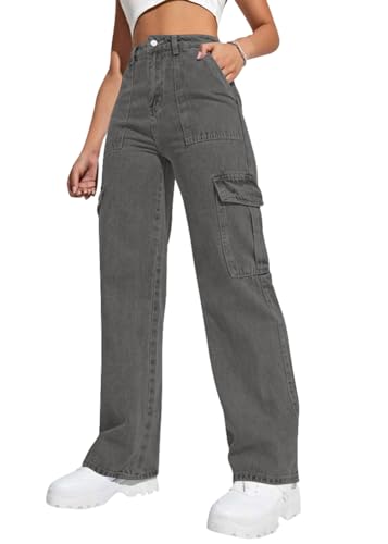 ticticlily Hosen Damen Baggy Jeans Y2K Hohe Taille Gewaschene Denim Cargo Hose mit Taschen Straight Wide Leg Koreanische Harajuku Mädchen Freizeithose B Grau M von ticticlily