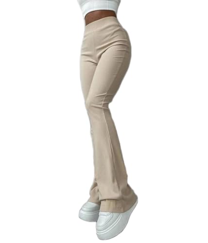 ticticlily Hosen Damen Gerippte Stretch Elastizität Hohe Taille Slim Fit Jegging Schlaghosen Yoga Sport Freizeithose Einfarbig Strickhosen Bootcut Hose Winter Herbst A Aprikose XL von ticticlily