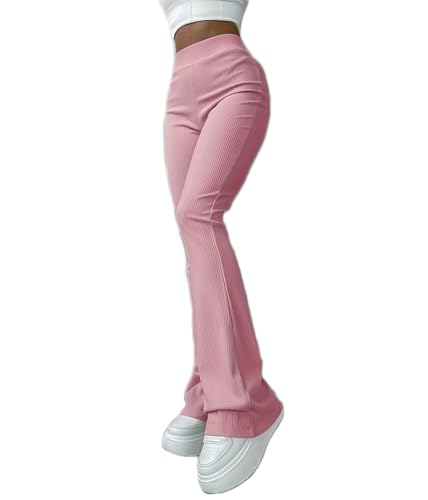 ticticlily Hosen Damen Gerippte Stretch Elastizität Hohe Taille Slim Fit Jegging Schlaghosen Yoga Sport Freizeithose Einfarbig Strickhosen Bootcut Hose Winter Herbst A Rosa XL von ticticlily
