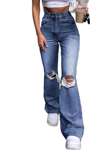 ticticlily Hosen Damen Sommer Lange Jeans Stretch Bootcut High Waist Vintage Y2K Chic Zerrissene Destroyed Schlaghosen Denim Hose A Dunkelblau M von ticticlily