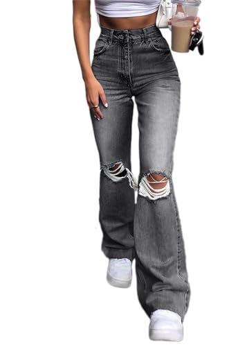 ticticlily Hosen Damen Sommer Lange Jeans Stretch Bootcut High Waist Vintage Y2K Chic Zerrissene Destroyed Schlaghosen Denim Hose A Dunkelgrau M von ticticlily