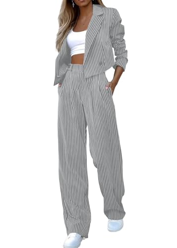 ticticlily Hosenanzüge Damen Anzug Elegant Chic Hochzeit Business 2 teilig Set Blusen Blazer Dünn und Hosen Hohe Taille Gerades Bein Casual Anzug Outfit Set A Grau M von ticticlily