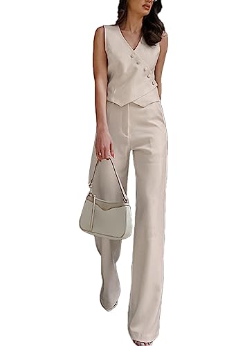 ticticlily Hosenanzug Damen Elegant 2 teiler Chic Casual Business Anzug Outfit Blazer Westen mit Knöpfen und Hosen Short Zweiteiler Set Streetwear D Aprikose L von ticticlily