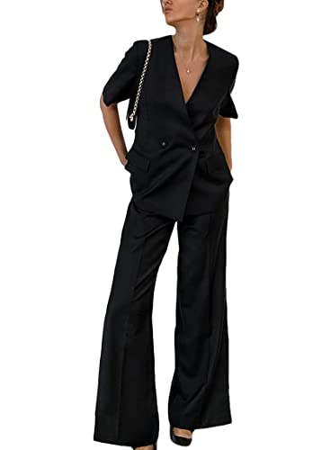 ticticlily Hosenanzug Damen Elegant Business 2 teilig Set Westen Button Down und Hosen Lange Hosen Hohe Taille Casual Chic Anzug Outfit Sets Streetwear Hosenanzüge A6 Schwarz L von ticticlily