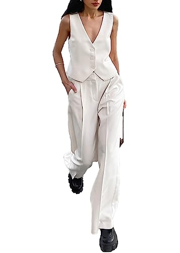 ticticlily Hosenanzug Damen Elegant Business 2 teilig Set Westen Button Down und Hosen Lange Hosen Hohe Taille Casual Chic Anzug Outfit Sets Streetwear Hosenanzüge A9 Weiß M von ticticlily