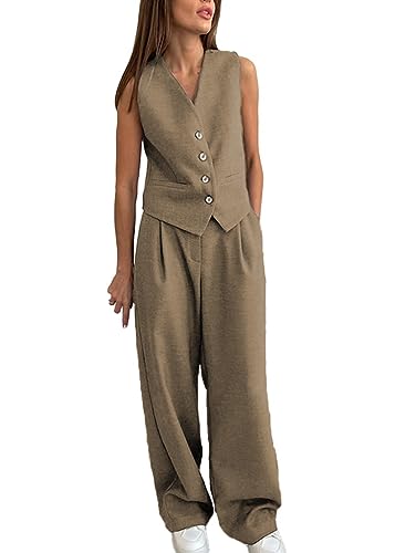 ticticlily Hosenanzug Damen Elegant Business 2 teilig Set Westen Button Down und Hosen Lange Hosen Hohe Taille Casual Chic Anzug Outfit Sets Streetwear Hosenanzüge C Khaki M von ticticlily