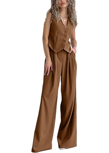 ticticlily Hosenanzug Damen Elegant Business 2 teilig Set Westen Button Down und Hosen Lange Hosen Hohe Taille Casual Chic Anzug Outfit Sets Streetwear Hosenanzüge F Kaffee S von ticticlily