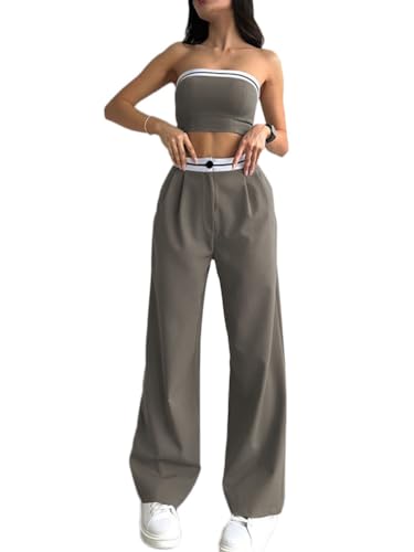 ticticlily Hosenanzug Damen Elegant Set Sommer Anzug Zweiteiler Crop Tops Oberteile Ärmellos Bauchfrei und Hosen Wide Leg Freizeitanzug Einfarbig A Grau M von ticticlily