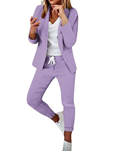 ticticlily Hosenanzug Damen Festlich Elegant 2 Teilig Anzug Set Blazer und Hosen Slimfit Business Anzugjacken Damenanzug Casual Suit Trouser Outfit A Violett XL von ticticlily