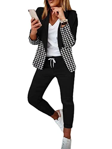 ticticlily Hosenanzug Damen Festlich Elegant 2 Teilig Anzug Set Blazer und Hosen Slimfit Business Anzugjacken Damenanzug Casual Suit Trouser Outfit B Schwarz Grau L von ticticlily