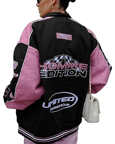 ticticlily Jacke Damen Oversized Casual Y2K Bomberjacke Sportjacke Ohne Kapuze Vintage Patchwork Druck Übergangsjacke mit Taschen Hip Hop Outwear A13 Rosa M von ticticlily