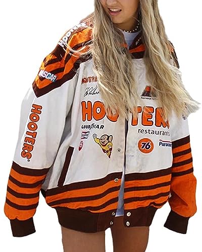 ticticlily Jacke Damen Oversized Casual Y2K Bomberjacke Sportjacke Ohne Kapuze Vintage Patchwork Druck Übergangsjacke mit Taschen Hip Hop Outwear A14 Orange S von ticticlily