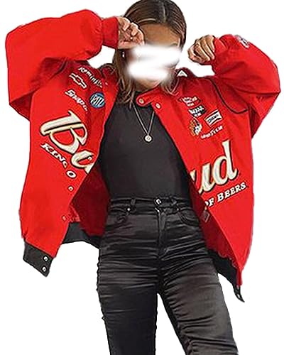 ticticlily Jacke Damen Oversized Casual Y2K Bomberjacke Sportjacke Ohne Kapuze Vintage Patchwork Druck Übergangsjacke mit Taschen Hip Hop Outwear A19 Rot S von ticticlily