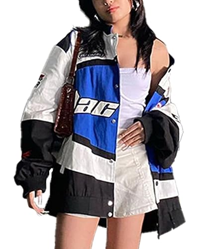 ticticlily Jacke Damen Oversized Casual Y2K Bomberjacke Sportjacke Ohne Kapuze Vintage Patchwork Druck Übergangsjacke mit Taschen Hip Hop Outwear H Blau M von ticticlily