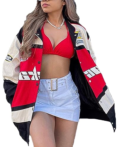 ticticlily Jacke Damen Oversized Casual Y2K Bomberjacke Sportjacke Ohne Kapuze Vintage Patchwork Druck Übergangsjacke mit Taschen Hip Hop Outwear H Rot S von ticticlily