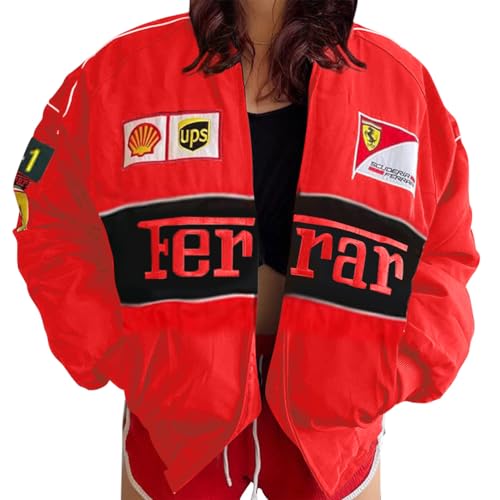 ticticlily Jacke Damen Oversized Casual Y2K Bomberjacke Sportjacke Ohne Kapuze Vintage Patchwork Druck Übergangsjacke mit Taschen Hip Hop Outwear J Rot XXL von ticticlily