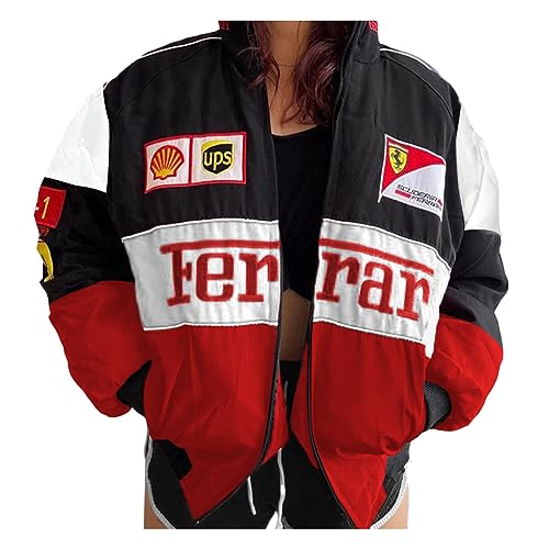 ticticlily Jacke Damen Oversized Casual Y2K Bomberjacke Sportjacke Ohne Kapuze Vintage Patchwork Druck Übergangsjacke mit Taschen Hip Hop Outwear J Weiß XL von ticticlily