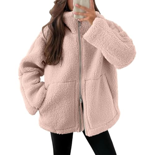 ticticlily Jacke Damen Winter Teddy Fleece Plüschjacke Teddyjacke Warme Fleecejacke mit Taschen Reißverschluss Women Jacket Coat A Hellrosa XXL von ticticlily