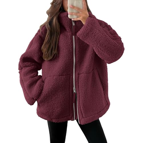 ticticlily Jacke Damen Winter Teddy Fleece Plüschjacke Teddyjacke Warme Fleecejacke mit Taschen Reißverschluss Women Jacket Coat A Weinrot M von ticticlily