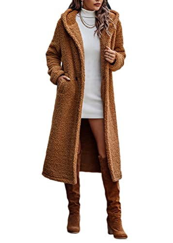 ticticlily Jacken Damen Kapuzenjacke Übergangsjacke Lange Winterjacken Kunstpelz Plüschmantel Sherpa Teddy Fleece Mantel mit Kapuze und Taschen Cardigan Herbstmantel A Kamel L von ticticlily