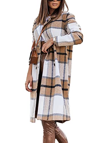 ticticlily Jacken Damen Lange Mantel Kariertes Herbstmantel Wintermantel Holzfällerjacke Oversize Langarm mit Taschen Knöpfen Übergangsjacke Mode Casual Trenchcoat Windjacke A Khaki L von ticticlily