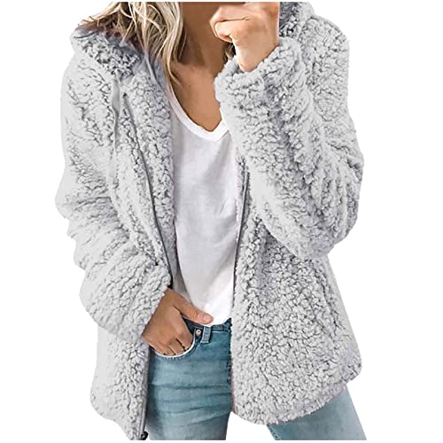 ticticlily Jacken Damen Plüsch Sherpa Teddy Mantel Casual Lässige Hoodie Pullover mit Kapuze Teddy-Fleece Winterjacke Kapuzenjacke Übergangsjacke Kunstfell Jacke für Damen Winter A Hellgrau 3XL von ticticlily