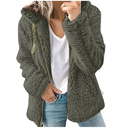 ticticlily Jacken Damen Plüsch Sherpa Teddy Mantel Casual Lässige Hoodie Pullover mit Kapuze Teddy-Fleece Winterjacke Kapuzenjacke Übergangsjacke Kunstfell Jacke für Damen Winter Herbst A Armeegrün M von ticticlily