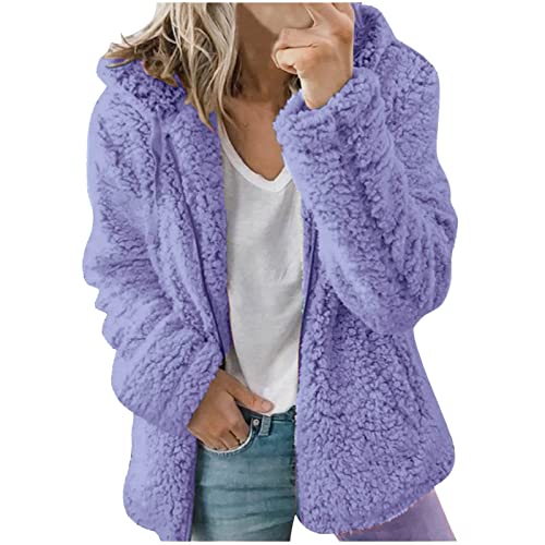 ticticlily Jacken Damen Plüsch Sherpa Teddy Mantel Casual Lässige Hoodie Pullover mit Kapuze Teddy-Fleece Winterjacke Kapuzenjacke Übergangsjacke Kunstfell Jacke für Damen Winter Herbst A Violett XL von ticticlily