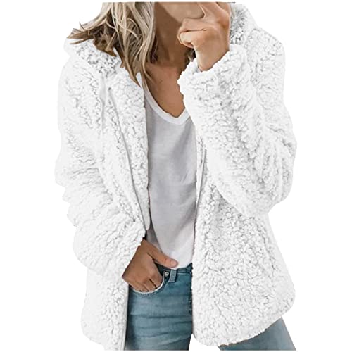 ticticlily Jacken Damen Plüsch Sherpa Teddy Mantel Casual Lässige Hoodie Pullover mit Kapuze Teddy-Fleece Winterjacke Kapuzenjacke Übergangsjacke Kunstfell Jacke für Damen Winter Herbst A Weiß 3XL von ticticlily