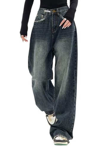 ticticlily Jeans Baggy Damen High Waist Denim Y2K Boyfriend Jeanhosen Mode Weites Bein Freizeithose Retro Pants Hip Hop Streetwear Denimhose C Dunkelblau XS von ticticlily