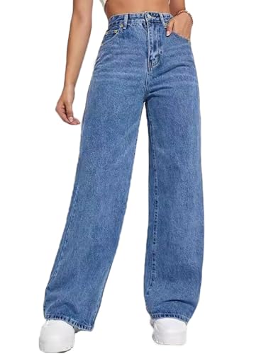 ticticlily Jeans Baggy Damen High Waist Straight Leg Gewaschene Jeanshosen Y2K Weites Bein Jeans Vintage 90s Denim Hosen Freizeithose Winter Herbst A Blau M von ticticlily