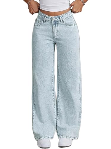 ticticlily Jeans Baggy Damen High Waist Straight Leg Gewaschene Jeanshosen Y2K Weites Bein Jeans Vintage 90s Denim Hosen Freizeithose Winter Herbst B Hellblau M von ticticlily