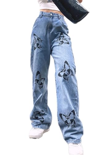 ticticlily Jeans Damen Baggy Boyfriend Gerades Bein Y2K High Waist Denim Hosen Teenager Mädchen Freizeithose F Blau L von ticticlily