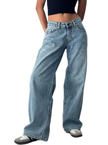 ticticlily Jeans Damen Baggy Mädchen Y2K Gewaschene Denim Hose Weites Bein Niedriger Taille Gerades Damenhosen Hiphop 90er E-Girl Boyfriend Pants Freizeithose A Hellblau S von ticticlily