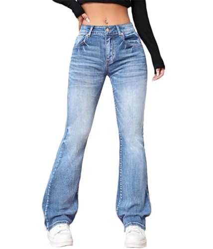 ticticlily Jeans Damen Bootcut Skinny Stretch Hose Y2K Vintage High Waist Ausgestellte Denim Hosen Jeanshosen Casual Flared Hose 90er Streetwear A Blau XS von ticticlily