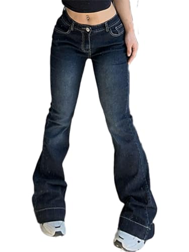 ticticlily Jeans Damen Bootcut Skinny Stretch Hose Y2K Vintage High Waist Ausgestellte Denim Hosen Jeanshosen Casual Flared Hose 90er Streetwear B1 Dunkelblau XS von ticticlily