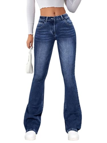 ticticlily Jeans Damen Bootcut Skinny Stretch Hose Y2K Vintage High Waist Ausgestellte Denim Hosen Jeanshosen Casual Flared Hose 90er Streetwear B4 Dunkelblau XXL von ticticlily