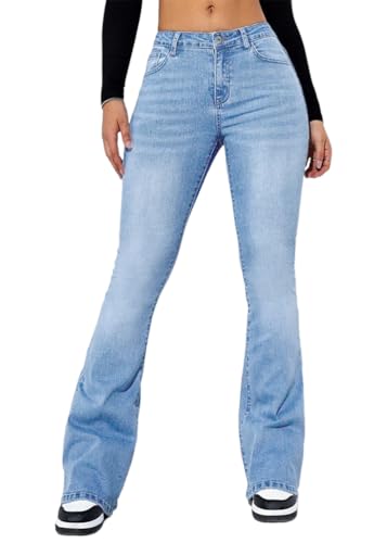 ticticlily Jeans Damen Bootcut Skinny Stretch Hose Y2K Vintage High Waist Ausgestellte Denim Hosen Jeanshosen Casual Flared Hose 90er Streetwear C Blau XS von ticticlily