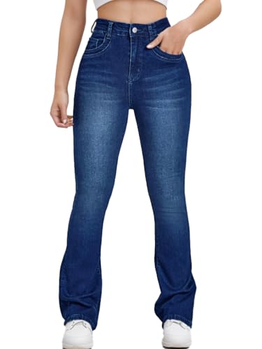 ticticlily Jeans Damen High Waist Bootcut Stretch Gewaschene Schlaghose Jeanshose Ausgestellte Y2K Vintage 90s Denim Hosen Freizeithose B10 Dunkelblau M von ticticlily