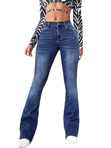 ticticlily Jeans Damen High Waist Bootcut Stretch Gewaschene Schlaghose Jeanshose Ausgestellte Y2K Vintage 90s Denim Hosen Freizeithose B3 Dunkelblau S von ticticlily