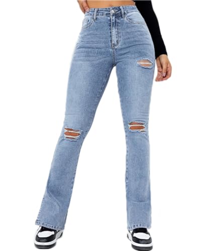 ticticlily Jeans Damen High Waist Bootcut Stretch Gewaschene Schlaghose Jeanshose Ausgestellte Y2K Vintage 90s Denim Hosen Freizeithose B5 Blau M von ticticlily