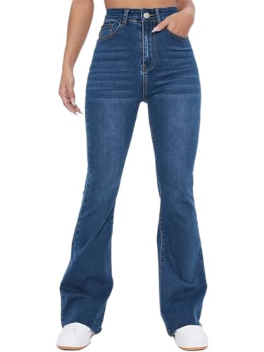 ticticlily Jeans Damen High Waist Bootcut Stretch Gewaschene Schlaghose Jeanshose Ausgestellte Y2K Vintage 90s Denim Hosen Freizeithose B6 Dunkelblau XL von ticticlily